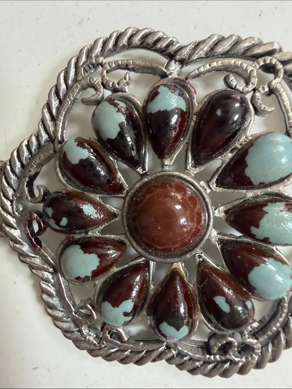 Silver tone Floral Link Belt with Garnet Accents